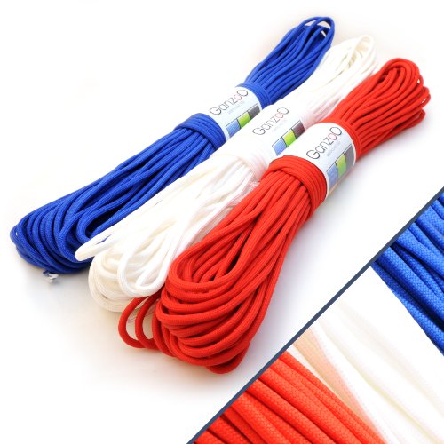 3er SET Universell einsetzbares Survival-Seil aus reißfestem "Parachute Cord" / "Paracord 550" (Kernmantel-Seil aus Nylon), 550lbs, Gesamtlänge 90 Meter (300 ft) Farbe: Frankreich (Blau, Weiß, Rot) - Marke Ganzoo von Ganzoo