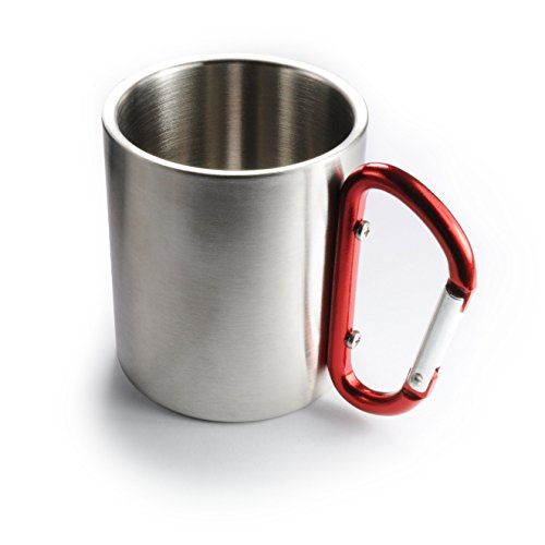 Edelstahl Becher/Thermobecher doppelwandig isoliert 220ml, Trinkbecher/Tasse in der Farbe Silber mit rotem Karabiner - Marke Ganzoo von Ganzoo