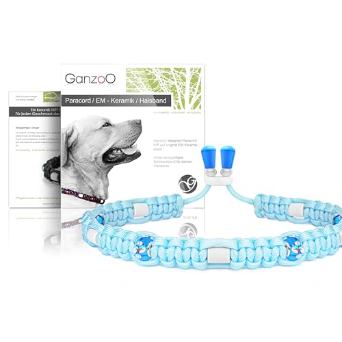Ganzoo EM Keramik Hunde-Halsband/Paracord 550 Halsband mit Zier-Perlen und EM Tubes/EM Pipes/Größe L 52-64 cm/Dog Collar/verstellbar mit Kordelstopper/Farbe Himmelsblau Blume von Ganzoo