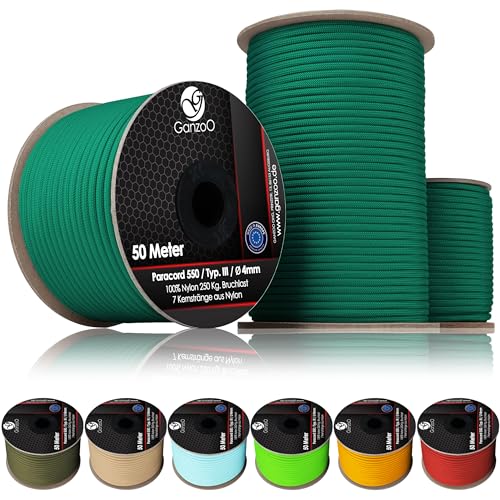 Ganzoo © Paracord 550 Seil, Typ „Nylon-Ace“, 100% Nylon, 4mm Outdoor-Schnur auf Rolle, Typ 3 mit 7 Strängen, Allzweckseil für Hundehalsband, Hundeleine & Knüpfen, Camping & Survival, Emerald Green von Ganzoo