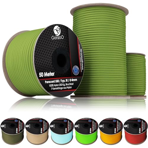 Ganzoo © Paracord 550 Seil, Typ „Nylon-Ace“, 100% Nylon, 4mm Outdoor-Schnur auf Rolle, Typ 3 mit 7 Strängen, Allzweckseil für Hundehalsband, Hundeleine & Knüpfen, Camping & Survival, Green Golf von Ganzoo