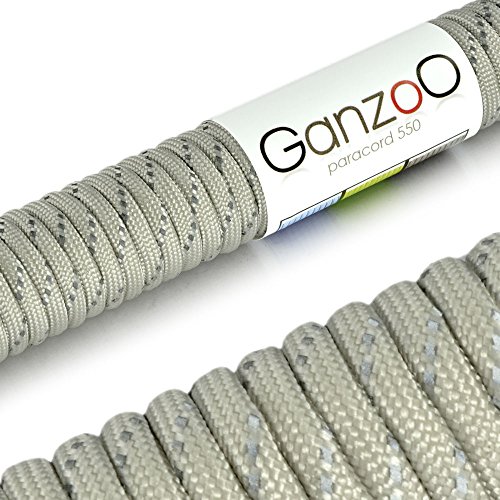 Ganzoo © Paracord 550 Seil REFLEKTIEREND, universelles Survival-Seil aus reißfestem Parachute Cord/Paracord 550" (Kernmantel-Seil aus Nylon), 550lbs, Gesamtlänge 31 Meter (100 ft) - (Grau) von Ganzoo