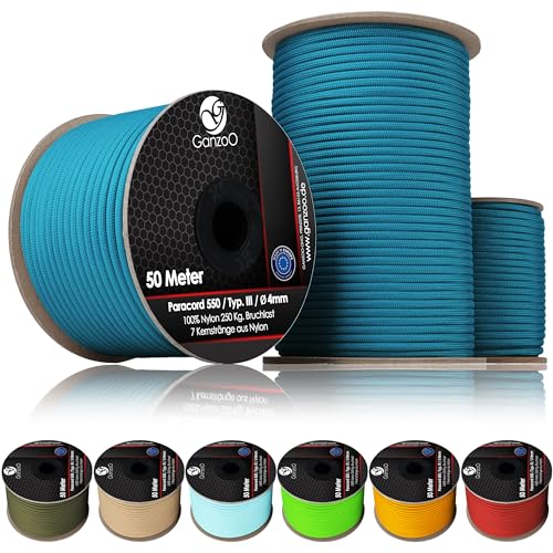 Ganzoo Paracord 550 Seil, 100% Nylon, 4mm Outdoor-Schnur, 100 Meter auf Rolle, Typ 3, 7 Kernstränge, Allzweckseil, Hundehalsband, Hundeleine, Knüpfen, Camping, Survival, Turquoise Ganzoo Paracord 550 Seil, 100% Nylon, 4mm Outdoor-Schnur, 100 Meter auf Rolle, Typ 3, 7 Kernstränge, Allzweckseil, Hundehalsband, Hundeleine, Knüpfen, Camping, Survival, Turquoise von Ganzoo