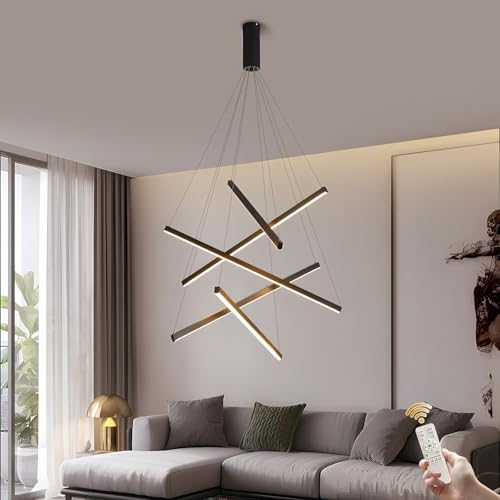 GaoHX Moderne Pendelleuchte Esstisch Pendellampe, Treppenhaus Hängeleuchte, Moderner LED Kronleuchter, Dimmbar Lineare Pendelleuchte, Villa Höheverstellbar Kronleuchter, Treppe Lampe(Nero,5 Lights) von GaoHX