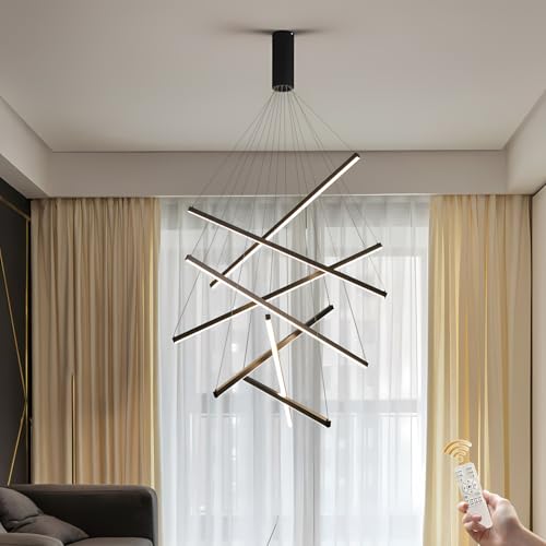 GaoHX Moderne Pendelleuchte Esstisch Pendellampe, Treppenhaus Hängeleuchte, Moderner LED Kronleuchter, Dimmbar Lineare Pendelleuchte, Villa Höheverstellbar Kronleuchter, Treppe Lampe(Nero,7 Lights) von GaoHX