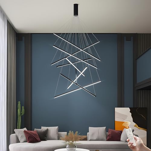 GaoHX Moderne Pendelleuchte Esstisch Pendellampe, Treppenhaus Hängeleuchte, Moderner LED Kronleuchter, Dimmbar Lineare Pendelleuchte, Villa Höheverstellbar Kronleuchter, Treppe Lampe(Nero,9 Lights) von GaoHX