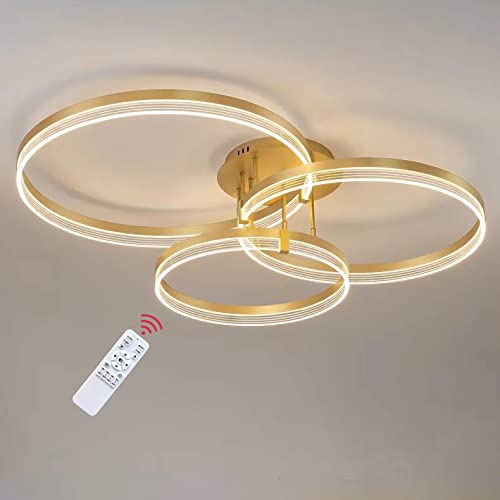 LED Deckenleuchte mit 3 Ringen, Dimmbare Moderne Deckenlampe aus Metall in Gold, mit 3 Leuchtringen, Wohnzimmerlampe mit Fernbedienung, LED 56 Watt, Lichtfarbe 3000/4000/6500 Kelvin, Ø30+Ø40+Ø50cm von GaoHX