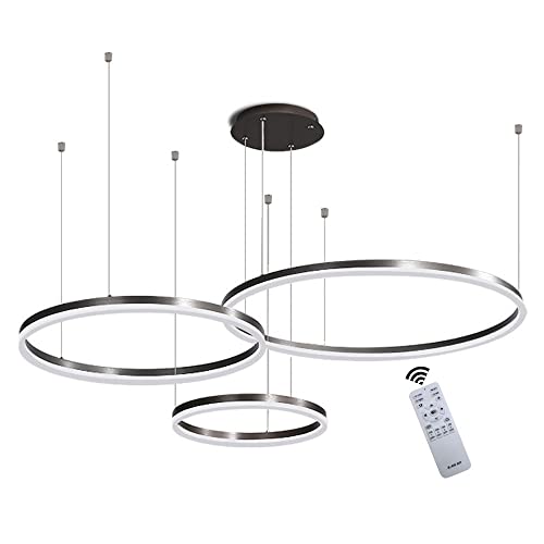 LED Pendelleuchte Modern Dimmbar Pendellampe Esstischlampe 75W 3-Ring Höhenverstellbar Hängeleuchte Schwarz Aluminium Acryl Kronleuchter mit fernbedienung Wohnzimmer Esszimmer Hängelampe 40+60+80cm von GaoHX