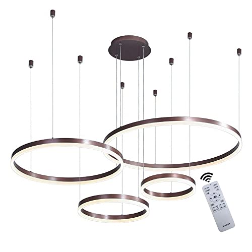 LED Pendelleuchte Modern Dimmbar Pendellampe Esstischlampe 90W 4-Ring Höhenverstellbar Hängeleuchte Braun Aluminium Acryl Kronleuchter mit fernbedienung Wohnzimmer Esszimmer Hängelampe 20+40+60+80cm von GaoHX