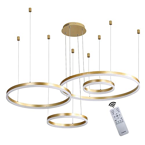 LED Pendelleuchte Modern Dimmbar Pendellampe Esstischlampe 90W 4-Ring Höhenverstellbar Hängeleuchte Gold Aluminium Acryl Kronleuchter mit fernbedienung Wohnzimmer Esszimmer Hängelampe 20+40+60+80cm von GaoHX
