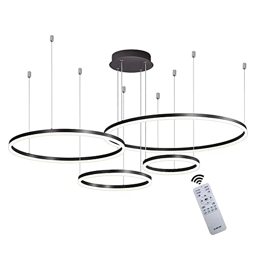 LED Pendelleuchte Modern Dimmbar Pendellampe Esstischlampe 90W 4-Ring Höhenverstellbar Hängeleuchte Schwarz Aluminium Acryl Kronleuchter mit fernbedienung Wohnzimmer Esszimmer Hängelampe 20+40+60+80cm von GaoHX