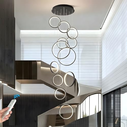 Modern LED Hängelampe Dimmbar Ringe Pendelleuchte Wohnzimmerlamp, Lange Treppenhaus Schwarzer LED Kronleuchter, Treppe Hängeleuchte Schlafzimmer Esszimmer Küchenlampe Höhenverstellbar Lampen(12 Rings) von GaoHX