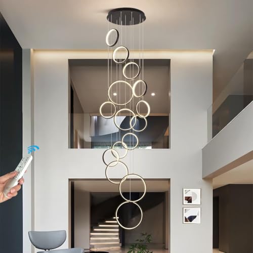 Modern LED Hängelampe Dimmbar Ringe Pendelleuchte Wohnzimmerlamp, Lange Treppenhaus Schwarzer LED Kronleuchter, Treppe Hängeleuchte Schlafzimmer Esszimmer Küchenlampe Höhenverstellbar Lampen(15 Rings) von GaoHX