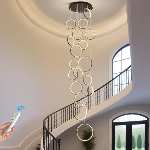 Modern LED Hängelampe Dimmbar Ringe Pendelleuchte Wohnzimmerlamp, Lange Treppenhaus Schwarzer LED Kronleuchter, Treppe Hängeleuchte Schlafzimmer Esszimmer Küchenlampe Höhenverstellbar Lampen(18 Rings) von GaoHX