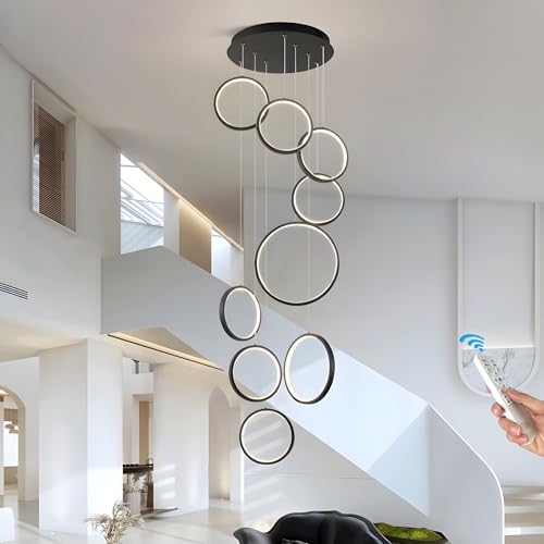 Modern LED Hängelampe Dimmbar Ringe Pendelleuchte Wohnzimmerlamp, Lange Treppenhaus Schwarzer LED Kronleuchter, Treppe Hängeleuchte Schlafzimmer Esszimmer Küchenlampe Höhenverstellbar Lampen(9 Rings) von GaoHX