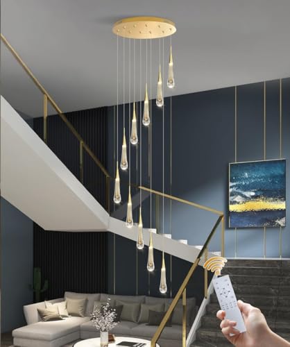 Moderne LED Pendelleuchte, Treppenlicht Regentropfen Kristall Kronleuchter Dimmbar LED Gold Deckenleuchte, Höhenverstellbar Hängelampe für Wohnzimmer Esszimmer Villa Treppen Kronleuchter(10 heads) von GaoHX
