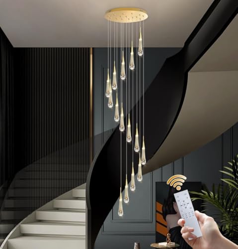 Moderne LED Pendelleuchte, Treppenlicht Regentropfen Kristall Kronleuchter Dimmbar LED Gold Deckenleuchte, Höhenverstellbar Hängelampe für Wohnzimmer Esszimmer Villa Treppen Kronleuchter(15 heads) von GaoHX