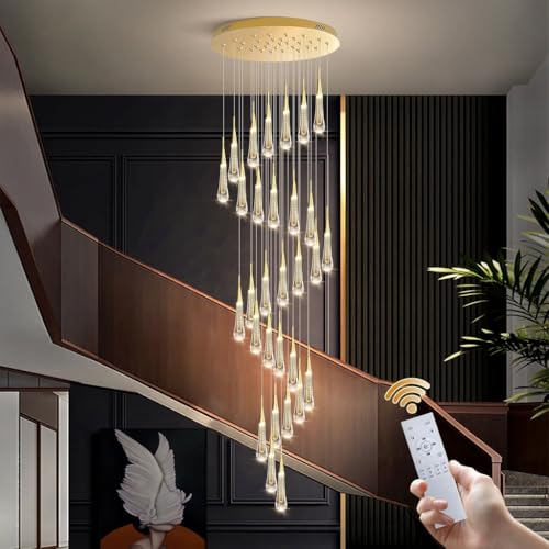 Moderne LED Pendelleuchte, Treppenlicht Regentropfen Kristall Kronleuchter Dimmbar LED Gold Deckenleuchte, Höhenverstellbar Hängelampe für Wohnzimmer Esszimmer Villa Treppen Kronleuchter(30 heads) von GaoHX