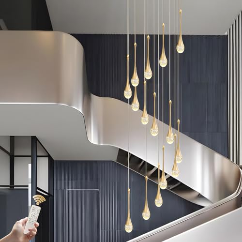 Treppe Pendelleuchten, LED Dimmbarer Kronleuchter, Treppenhaus Pendellampe, Gold Regentropfen Kristall Lampe, Höhenverstellbarer Wohnzimmer Pendelleuchte, Kronleuchter Für Foyer, Eingang, Villa(15 hea von GaoHX