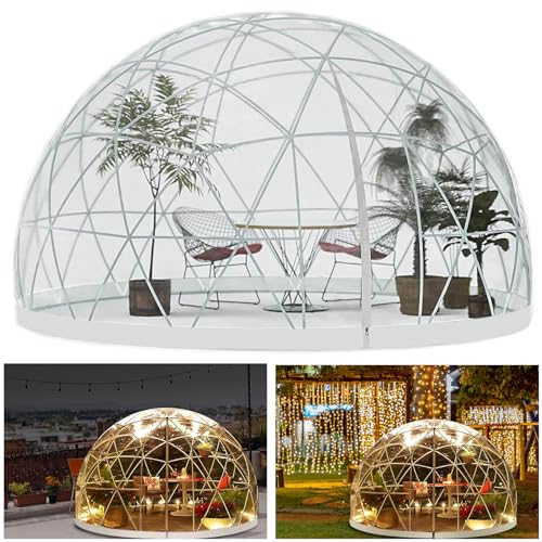 12 FT Garten Kuppel lgloo, Geodätische Kuppel Gewächshaus mit PVC-Klar Abdeckung, Garten Bubble Dome Zelt Haus mit 2 x 10M Light Strings für Outdoor, Patio (Weißer Rand, 3.6M x 3.6M x 2.2M von Gaonala