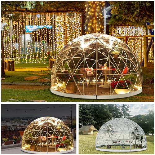 3.6M Garten Kuppel lgloo, Geodätische Kuppel Gewächshaus mit PVC-Klar Abdeckung, Garten Bubble Dome Zelt Haus mit 2 x 10M Light Strings für Outdoor, Patio (White Edge & Shade, 3.6M x 3.6M x 2.2M von Gaonala
