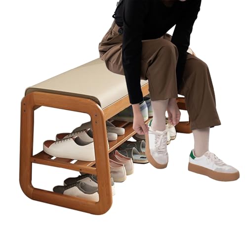 Massivholz Schuhregal Sitzbank mit Sitzbank, Schuhschrank Schuhbank mit Gepolsterter Sitzfläche und Schuhablagen Schuhständer Standregal, für Eingangsbereich Bad Wohnzimmer Flur(Color:Wood,Size:100 von Gaoxianglin