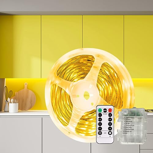 Gaoxun Batterie LED Strip 3M, Warmweiß 2700K LED Streifen Batteriebetrieben mit Fernbedienung, LED Band Selbstklebend, 8 Modi, Timer, Schneidbar, Wasserdicht Lichtband für Schlafzimmer Wohnzimmer Deko von Gaoxun