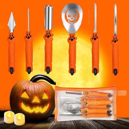 Gaoxun Halloween Kürbis Schnitzset, 6 Stück Professionelles Kürbis Schnitzwerkzeug, Edelstahl Halloween Dekoration Handwerkzeuge mit Aufbewahrungstasche für DIY, Kinder, Familie (Orange) von Gaoxun