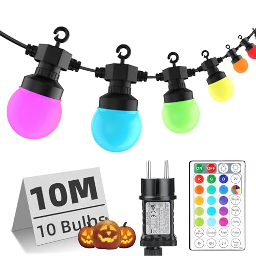 Gaoxun Lichterkette Außen 10m, Smart LED RGB G50 Glühbirnen mit Fernbedienung, IP44 Wasserdicht, Timer Funktion, Multi-Modes für Garten, Terrasse, Hochzeiten, Partys, 10 LEDs Outdoor von Gaoxun