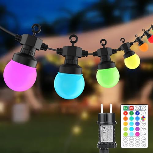 Gaoxun RGB Lichterkette Außen Strom, 10m Farbwechsel LED Bunt 10 G50 Glühbirnen mit Fernbedienung, Dimmbar, Timer, IP44 Wasserdicht Aussen Beleuchtung für Garten, Terrasse, Balkon, Party von Gaoxun