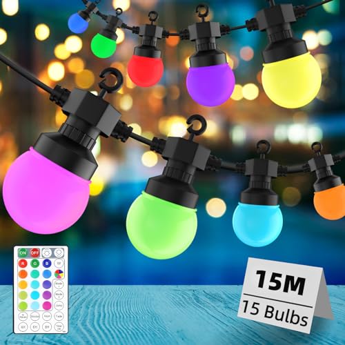 Gaoxun Lichterkette Außen 15m, Smart LED RGB G50 Glühbirnen mit Fernbedienung, IP44 Wasserdicht, Timer Funktion, Multi-Modes für Garten, Terrasse, Hochzeiten, Partys, 15 LEDs Outdoor von Gaoxun