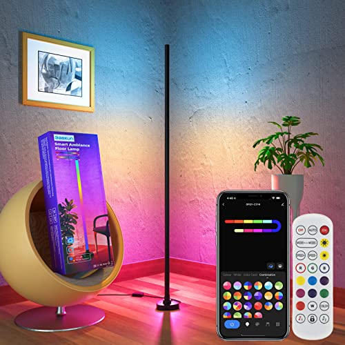 Gaoxun RGBIC LED Stehlampe, 18W WiFi Farbwechsel Standleuchte Dimmbar, App-Steuerung, Alexa und Google Assistant, 44 Szenenmodi, Musik Sync, DIY-Modus für Schlafzimmer Wohnzimmer Gaming Schwarz 127 cm von Gaoxun