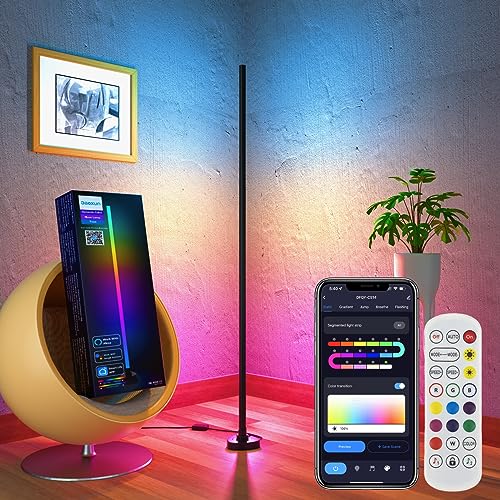 Gaoxun RGBW LED Stehlampe Wohnzimmer, Ecklampe Dimmbar mit Fernbedienung und APP, Alexa und Google Assistant, 16 Millionen Farben, 44 Szenenmodi, Musikmodi, DIY-Modus für Schlafzimmer Gaming, Schwarz von Gaoxun