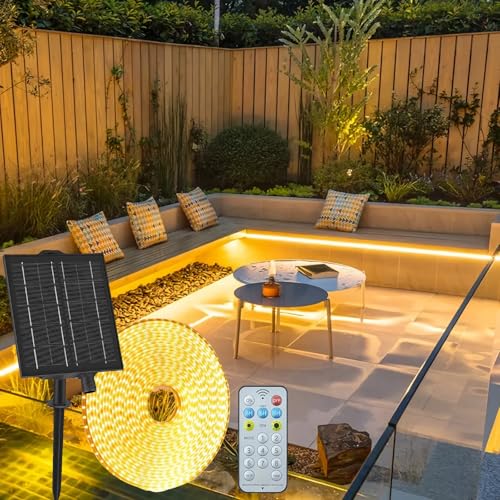 Gaoxun Solar LED Strip Außen, 10m 640 LED Outdoor Streifen IP68 Wasserdicht mit Fernbedienung, Dimmbar, 8 Modi, Flexibel LED Leiste für Garten, Terrasse, Balkon, Pavillon, Weg, Traufe Deko, Warmweiß von Gaoxun