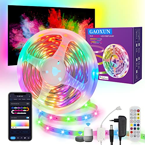 Gaoxun RGBIC LED Strip 10m, WiFi LED Streifen, Farbwechsel LED Lichterkette, Dimmable, App-steuerung, Musik Sync, kompatibel mit Alexa, Google Assistant, Lichtband für Schrankdeko Gaming TV KücheDeko von Gaoxun