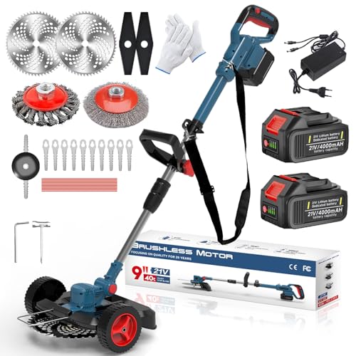 Rasentrimmer mit Akku und Unkrautbürste, Akku Rasentrimmer mit 2 Akku 4.0Ah, 21V Bürstenloser Freischneider, Elektro Motorsense, 5 Klingentypen, 23cm Schnittbreite (Blue A) von Gapbvys