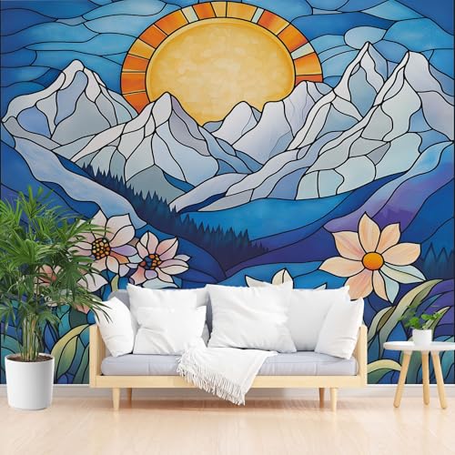 Abstrakt Gebirge Fototapete Wohnzimmer, Blumen Dschungel Tapete Abwaschbare, Sonnenuntergang Landschaft Vliestapete Schlafzimmer Kinderzimmer Küche 3D Tapete Wasserfest 400 x 280 cm (B x H) von Gaqinhh