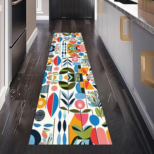 Abstrakt Geometrisch Teppich Läufer Flur Küche Waschbar Rutschfest 60x150 cm, Mid Century Pflanzen Blätter Teppiche für Bettumrandung Schlafzimmer Teppichläufer für Küchenläufer Eingangsbereich von Gaqinhh