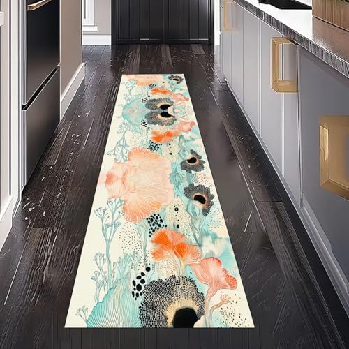 Abstrakt Koralle Seeanemone Teppich Läufer für Schlafzimmer Wohnzimmer, Abstrakt Botanische Blumen Teppichläufer Waschbar Rutschfest für Küche Flur Eingangsbereich Bettumrandung Teppiche 60x240 cm von Gaqinhh