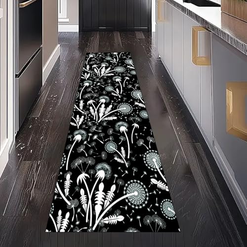 Abstrakt Pusteblume Pflanzen Teppich Läufer Küchenteppich Waschbar Rutschfest 60x300 cm, Schwarz und Weiß Botanische Teppichläufer für Küche Flur Eingangsbereich Bettumrandung Schlafzimmer Wohnzimmer von Gaqinhh