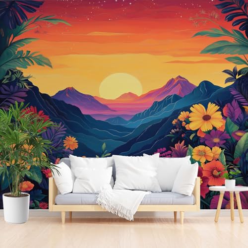 Anime Gebirge Fototapete Schlafzimmer, Sonnenuntergang Sternenhimmel 3D Tapete Vliestapete, Tropisch Blumen Blatt Tapeten Wohnzimmer Kinderzimmer Abwaschbare Tapete Wasserfest 350 x 256 cm (B x H) von Gaqinhh