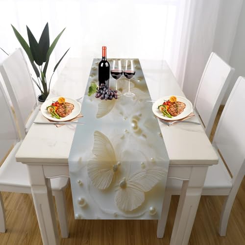 Anmut Schmetterling Tischläufer Einschulung Deko, Luxuriöse Perle Modern Insekten Tischläufer Waschbar für Sommerdeko Couchtisch Küche Esstisch Partydeko Dekoration für Zuhause 40 x 140 cm von Gaqinhh