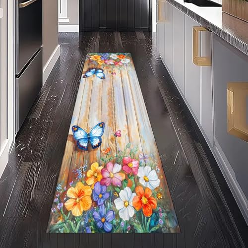 Aquarell Blumen Schmetterling Teppich Läufer für Schlafzimmer Wohnzimmer, Bauernhaus Holzmaserung Teppichläufer Waschbar Rutschfest für Küche Flur Eingangsbereich Bettumrandung Teppiche 60x240 cm Aquarell Blumen Schmetterling Teppich Läufer für Schlafzimmer Wohnzimmer, Bauernhaus Holzmaserung Teppichläufer Waschbar Rutschfest für Küche Flur Eingangsbereich Bettumrandung Teppiche 60x240 cm von Gaqinhh