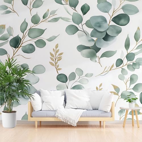 Aquarell Eukalyptus Blätter Tapete Badezimmer Wasserfest, Pflanzen Laub Fototapete Schlafzimmer, Natur Pastoralen Tapeten Vliestapete Kinderzimmer Wohnzimmer Abwaschbar Tapete 200 x 140 cm (B x H) von Gaqinhh