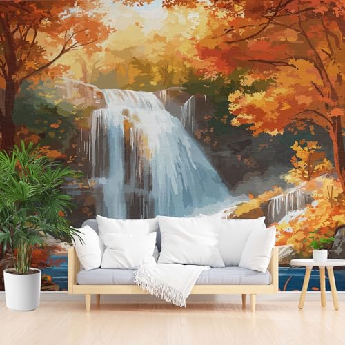 Aquarell Federn Wasserfall 3D Fototapete, Herbst Dschungel Tapeten Vliestapete, Wald Landschaft Wandtapete Schlafzimmer Kinderzimmer Wohnzimmer Tapete Abwaschbar Wasserfest 150 x 105 cm (B x H) von Gaqinhh
