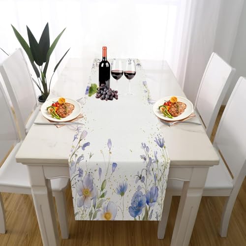 Aquarell Wildblumen Tischläufer Outdoor Hochzeitsdeko, Botanisch Lavendel Blumenpflanzen Blatter Tischdeko Waschbar für Einschulung Deko Couchtisch Küche Esstisch Dekoration für Zuhause 30 x 180 cm von Gaqinhh