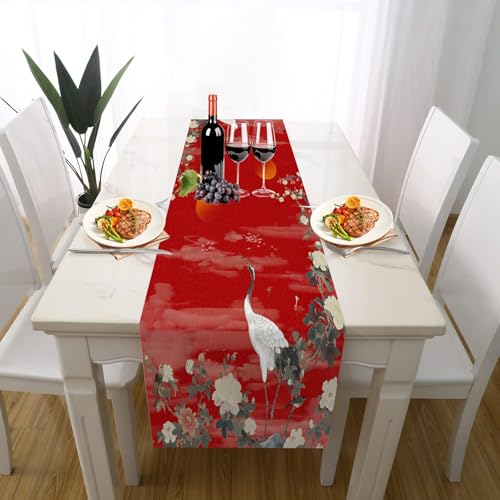 Asiatischer Stil Kranich Tischläufer Einschulung Deko, Orientalisch Pfingstrose Traditionell Blume Tischdeko Waschbar Küche Tisch Dekoration Geburtstag Hochzeitsdeko 30x120cm von Gaqinhh