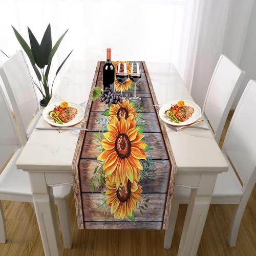 Bauernhaus Sonnenblume Tischläufer Einschulung Deko, Rustikal Holzplanke Botanisch Blatt Tischläufer Waschbar für Sommerdeko Couchtisch Küche Esstisch Partydeko Dekoration für Zuhause 40 x 140 cm von Gaqinhh