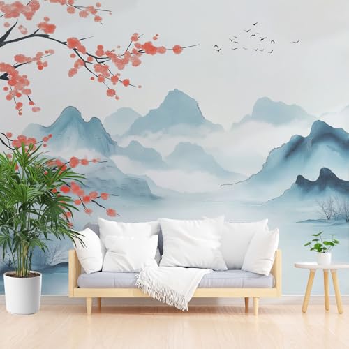 Berge Wasser Natur Landschaft Fototapete Schlafzimmer, Chinesische Malerei 3D Tapete Vliestapete, Vintage Ethnische Tapeten Wohnzimmer Kinderzimmer Abwaschbare Tapete Wasserfest 350 x 256 cm (B x H) von Gaqinhh