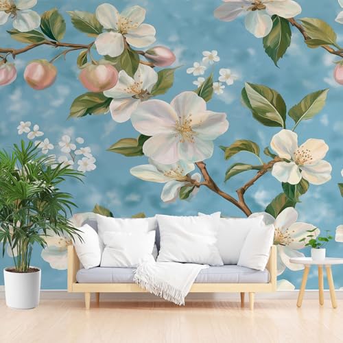 Blüten Obst Tapete Badezimmer Wasserfest, Weiß Blumenmuster Fototapete Schlafzimmer, Pflanzen Blätter Floral Tapeten Vliestapete Kinderzimmer Wohnzimmer Abwaschbar Tapete 200 x 140 cm (B x H) von Gaqinhh